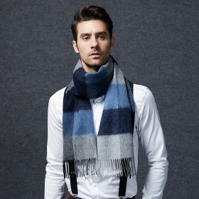 Soft Wool Scarves Black Gray Blue Plaid Men's Winter Scarf